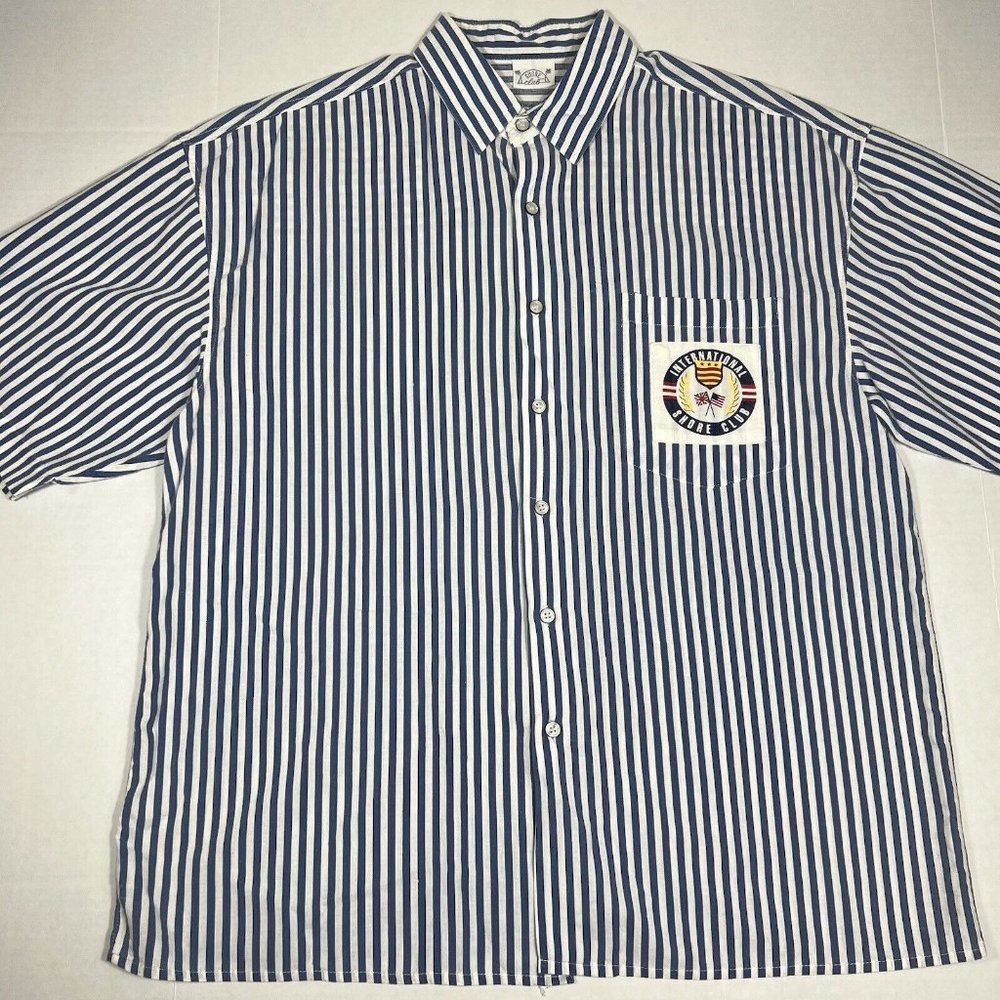 VTG 80s 90s Shore Club Blue Stripe Beach Short Sleeve Button Down Shirt Men L ??